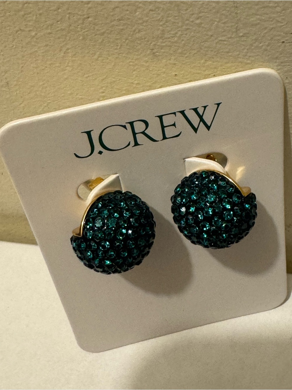 NWT J.Crew Crystal Ball Pavé Dome Stud Earrings in Emerald Green